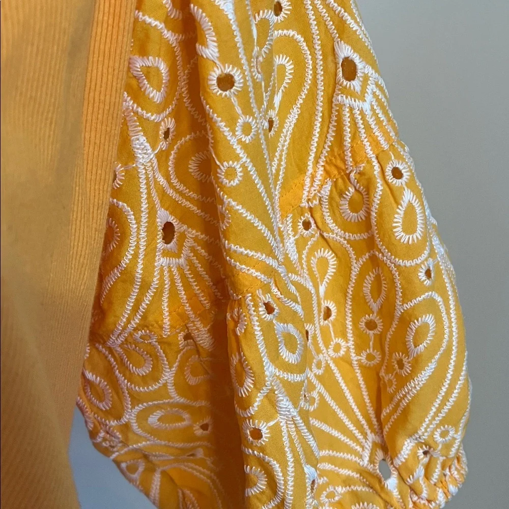 LOFT Orange Blouse with Patterned Puff Sleeves